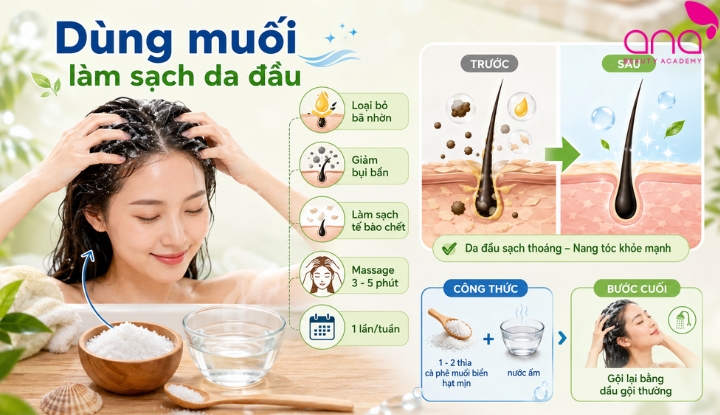Dùng muối làm sạch da đầu Dùng muối làm sạch da đầu