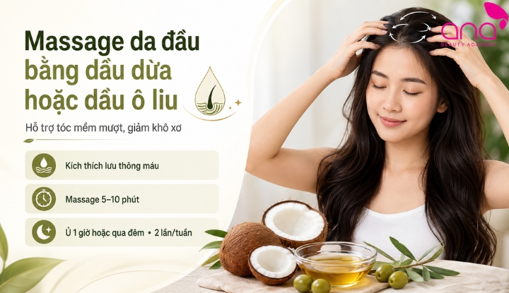 Massage da đầu bằng dầu dừa hoặc dầu oliu