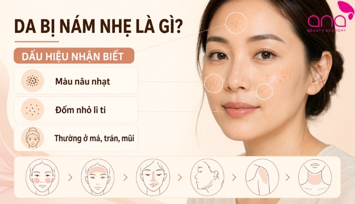 Nám nhẹ thường tạo đốm nâu nhạt, đối xứng ở má, trán và mũi