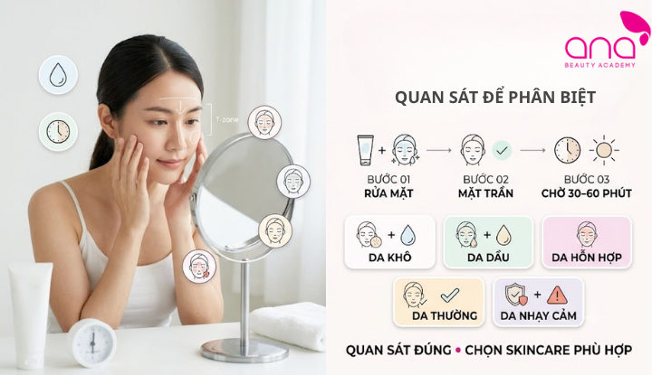 Nhận biết loại da qua độ khô, bóng dầu và phản ứng sau khi rửa mặt