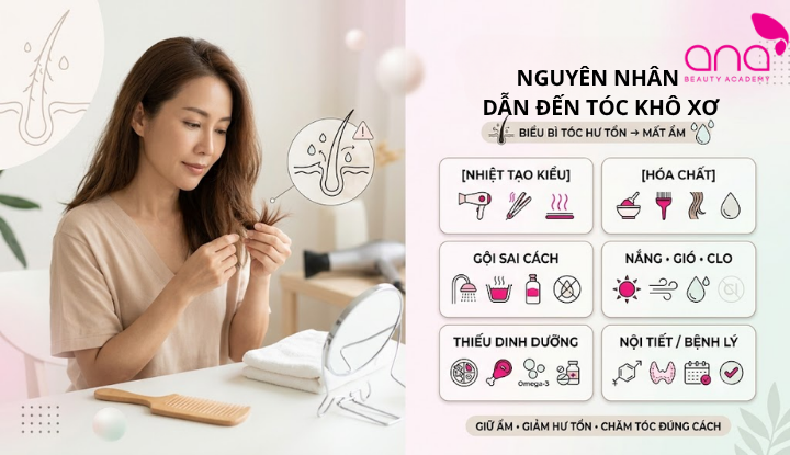 Nhiệt, hóa chất và thiếu độ ẩm khiến tóc khô xơ, chẻ ngọn