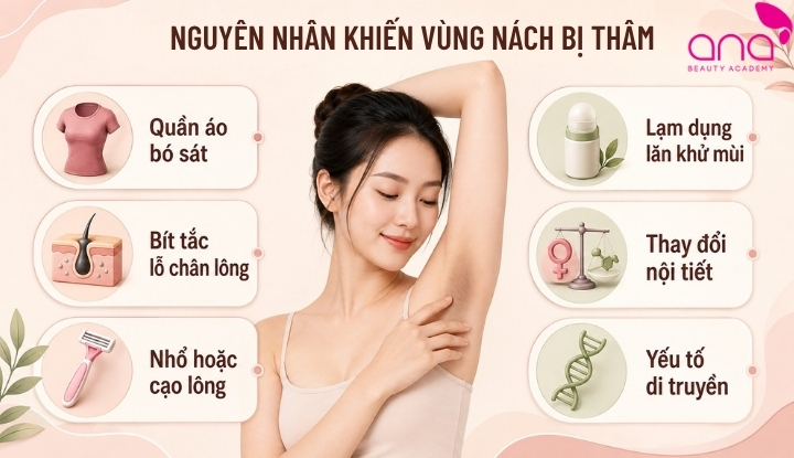 Thâm nách thường liên quan đến ma sát, cạo nhổ, bít tắc và nội tiết