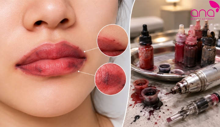 Viền môi lệch do mực xăm và thiết bị kém chất lượng
