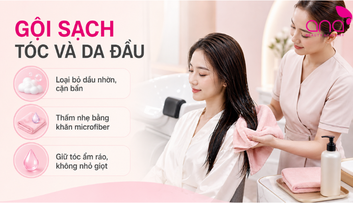 Làm sạch tóc, thấm bớt nước