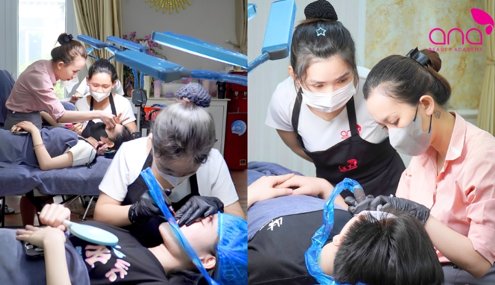 Học viên thực hành phun xăm trên mẫu thật tại ANA
