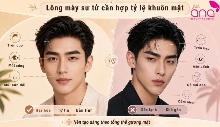 Lông mày sư tử hài hòa với mắt, trán, mũi, gò má, cằm