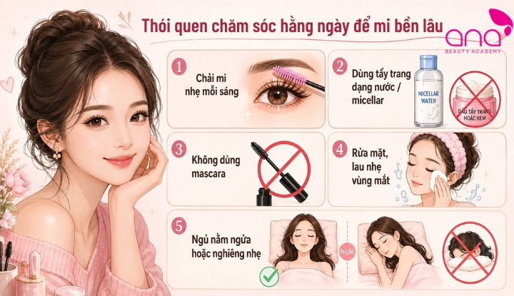 Chăm sóc đúng cách giúp hàng mi Katun giữ form lâu, ít rụng và không bị rối