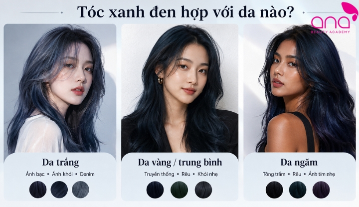 Tóc xanh đen hợp với da nào