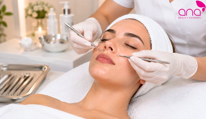 Kỹ thuật viên làm sạch bã nhờn và xử lý nhân mụn