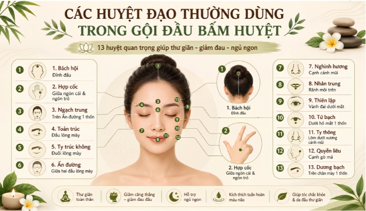 Các huyệt đạo thường dùng trong gội đầu bấm huyệt