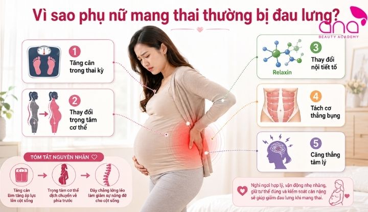 Đau lưng thai kỳ thường liên quan đến thay đổi các cơ quan 