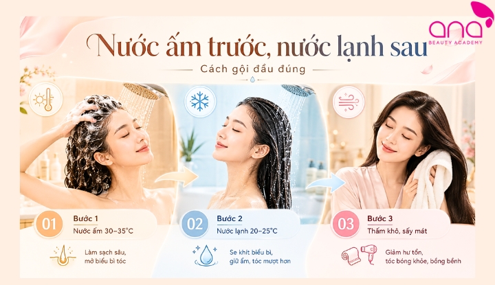 Cách gội đầu đúng với nguyên tắc “nước ấm trước, nước lạnh sau”
