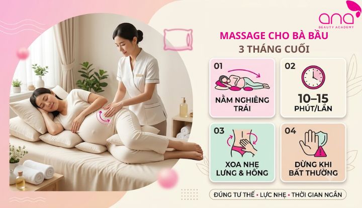 Khi thai lớn, cần tăng gối nâng đỡ, rút ngắn thời gian massage