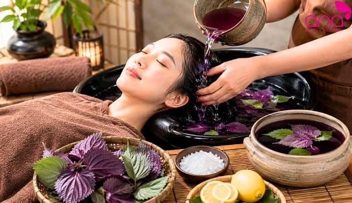 Gội đầu bằng nước lá tía tô kết hợp muối hoặc chanh