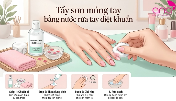 Tẩy sơn móng tay bằng nước rửa tay diệt khuẩn