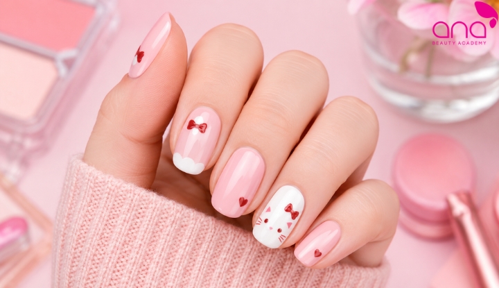 cách phối màu giúp nail Hello Kitty