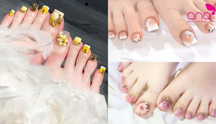 Mẫu nail chân đính charm hoa xinh