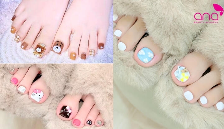 Mẫu nail chân đính charm hoạt hình