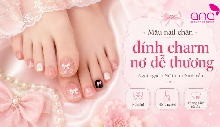 Mẫu nail chân đính charm nơ dễ thương
