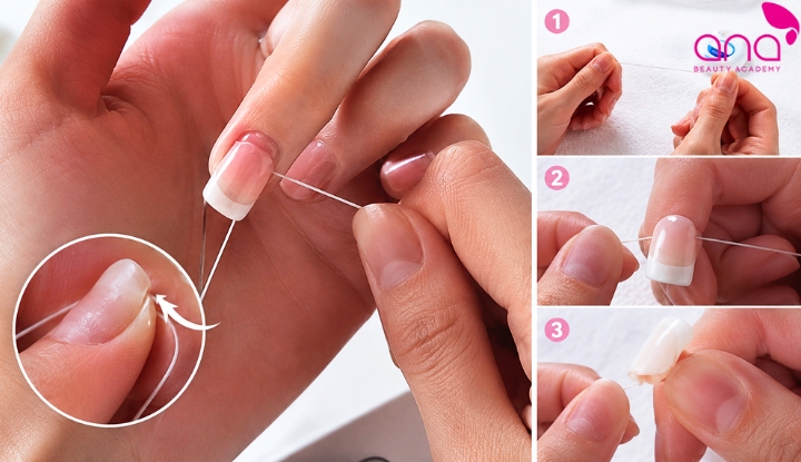Tháo móng tay giả bằng chỉ nha khoa
