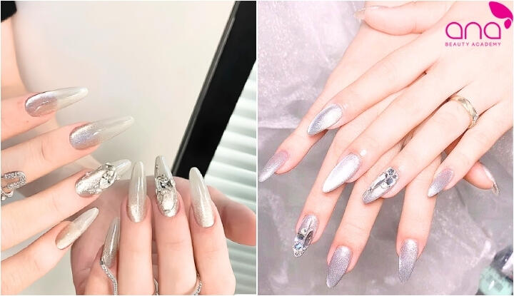 Nail tráng gương đính đá và charm sang chảnh