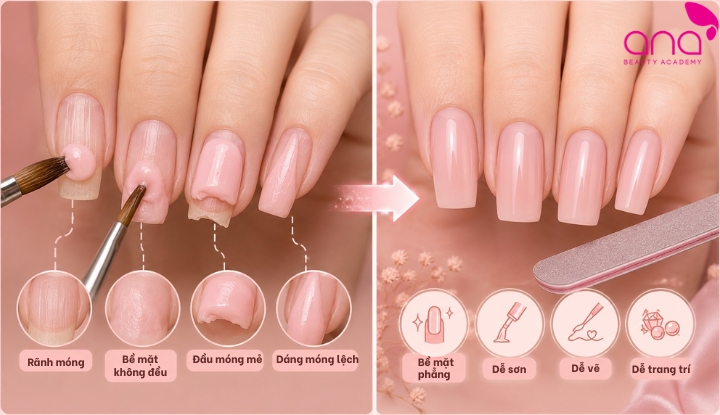 Lớp bột acrylic giúp làm đều và cải thiện hình dáng móng tự nhiên