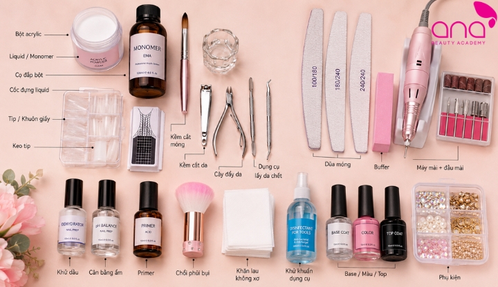 Bộ dụng cụ đắp bột nail gồm bột acrylic, liquid, cọ đắp và các thiết bị hỗ trợ