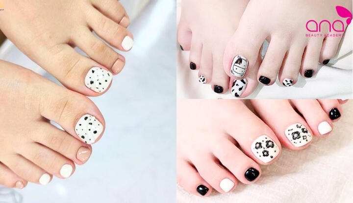 Mẫu nail chân họa tiết bò sữa