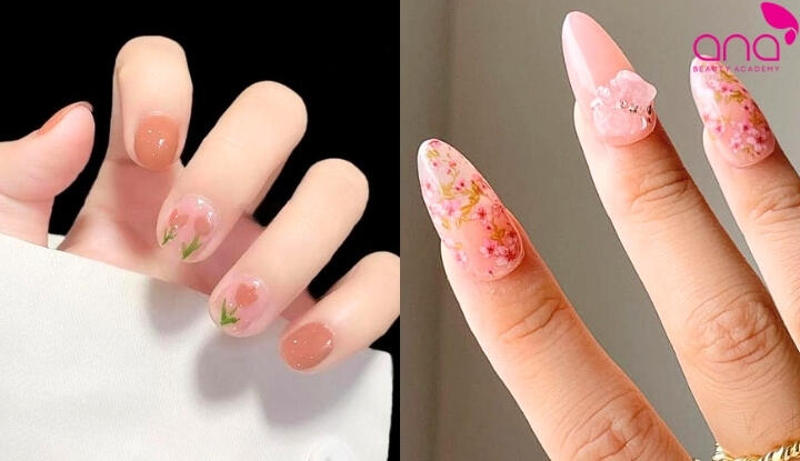 Mẫu nail màu hồng vẽ hoa nữ tính