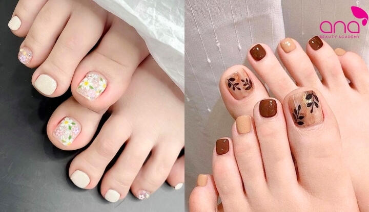 Mẫu nail chân họa tiết hoa lá