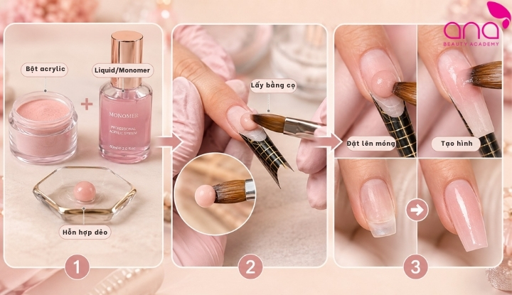 Đắp bột nail là kỹ thuật sử dụng hỗn hợp bột acrylic và liquid để tạo lớp móng nhân tạo