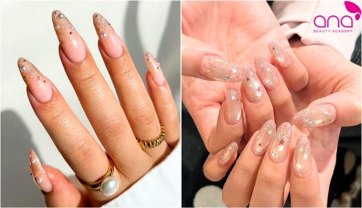 Nail nhọn tròn phủ nhũ nhẹ