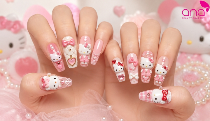 mẫu nail Hello Kitty 3D