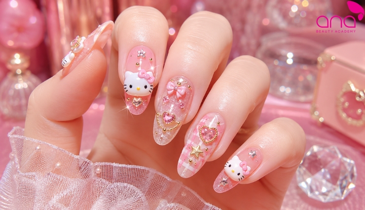 mẫu nail Hello Kitty đính charm