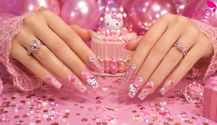 mẫu nail Hello Kitty đi tiệc