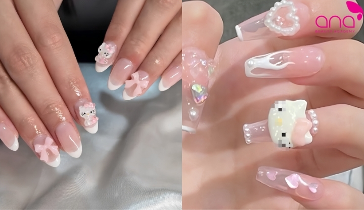 mẫu nail Hello Kitty màu hồng pastel