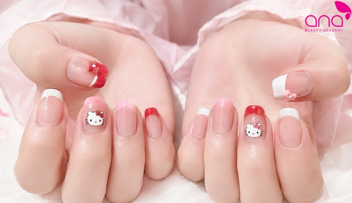 mẫu nail Hello Kitty kiểu Pháp tinh tế