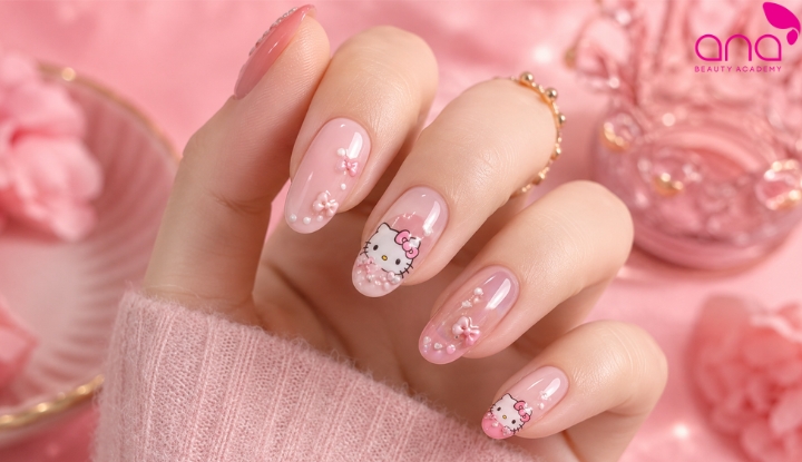 mẫu nail Hello Kitty cho móng oval
