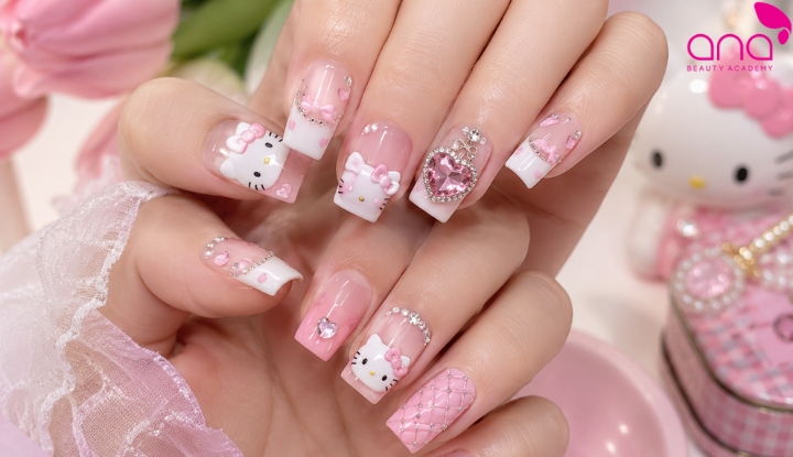 mẫu nail Hello Kitty cho móng vuông