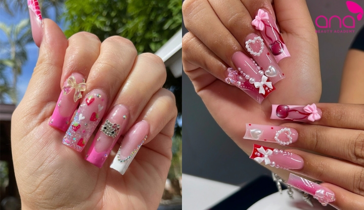 nail Hello Kitty phối trái tim nơ và ngôi sao