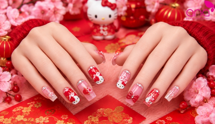 mẫu nail Hello Kitty dịp Tết