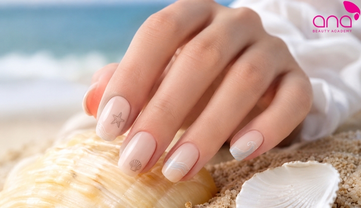 Nail line art đi biển