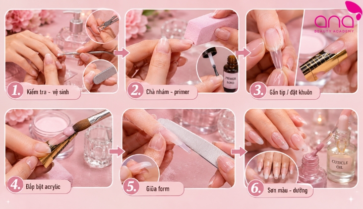 Các bước đắp bột nail từ xử lý móng đến hoàn thiện bộ nail tại salon