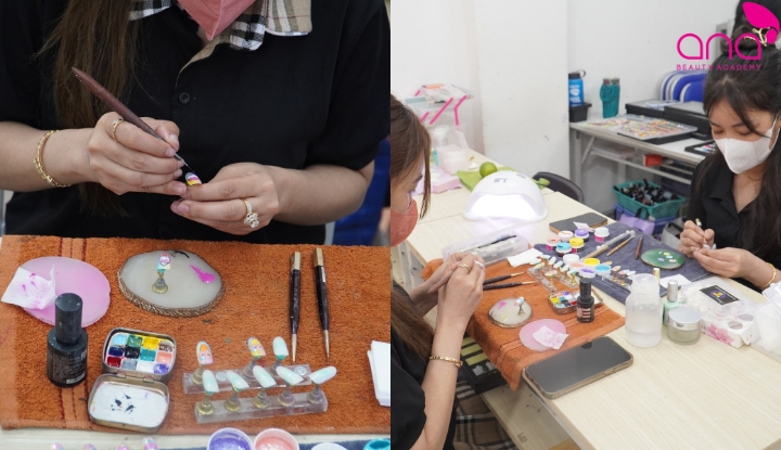 Học viên thực hành nail trên mẫu thật