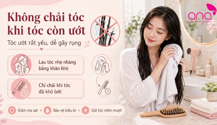 Tóc ướt rất yếu, dễ gãy rụng nên cần lau khô bớt trước khi chải