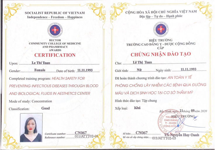 Chứng chỉ an toàn y tế của chị Lê Thị Toan