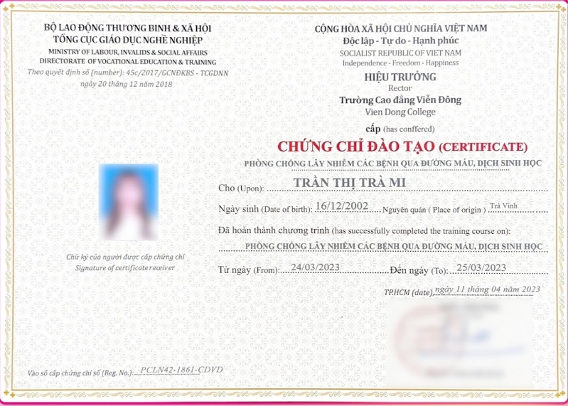 Chứng chỉ phòng chống lây nhiễm