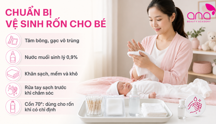 Dụng cụ làm sạch vùng rốn cần sạch và vô trùng 
