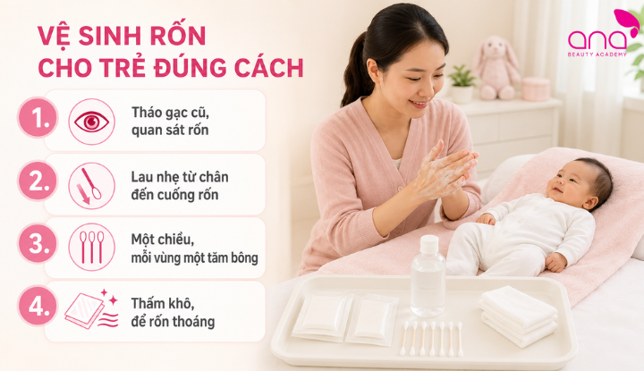 Thao tác vệ sinh rốn cho trẻ sơ sinh nhẹ nhàng theo một chiều 