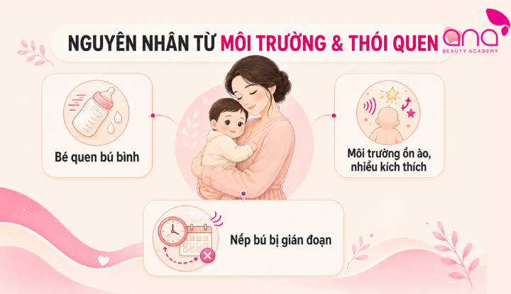 Tiếng ồn hoặc quen bú bình dễ khiến bé phân tâm và không chịu bú mẹ